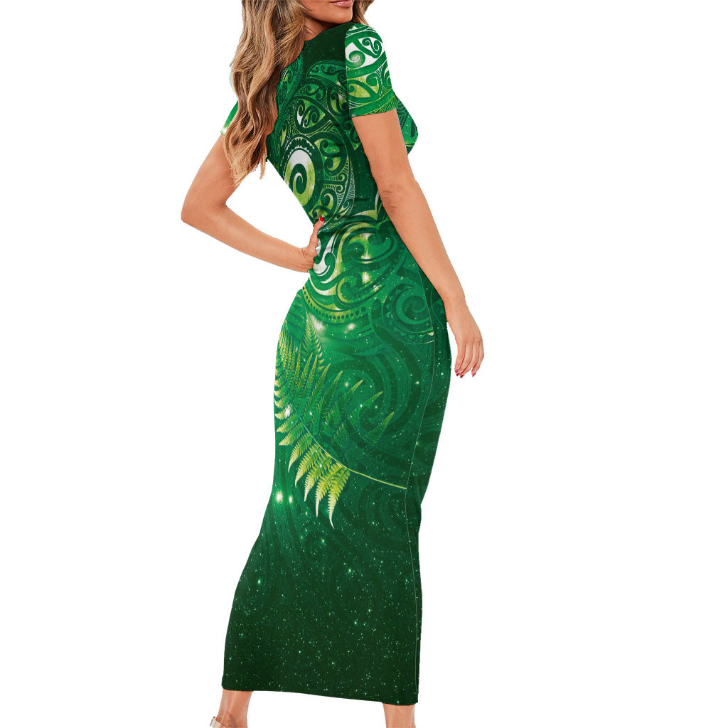 Aotearoa New Zealand New Year Short Sleeve Bodycon Dress Tribal Koru Tattoo Green Galaxy Maori Silver Fern LT03 - Polynesian Pride