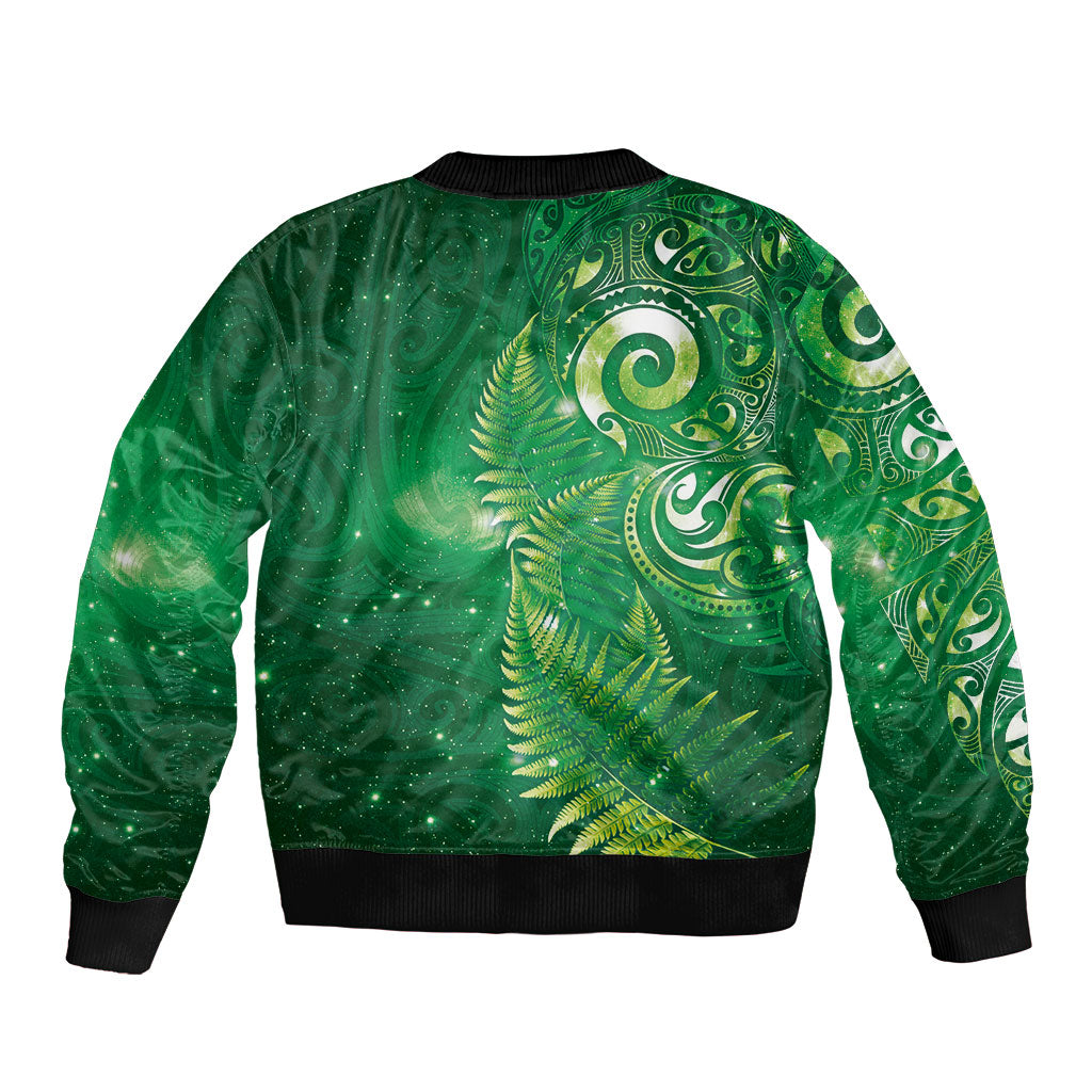 Aotearoa New Zealand New Year Sleeve Zip Bomber Jacket Tribal Koru Tattoo Green Galaxy Maori Silver Fern LT03 - Polynesian Pride