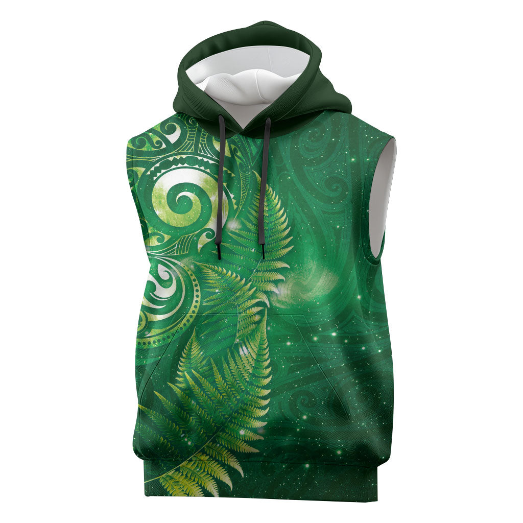 Aotearoa New Zealand New Year Sleeveless Hoodie Tribal Koru Tattoo Green Galaxy Maori Silver Fern
