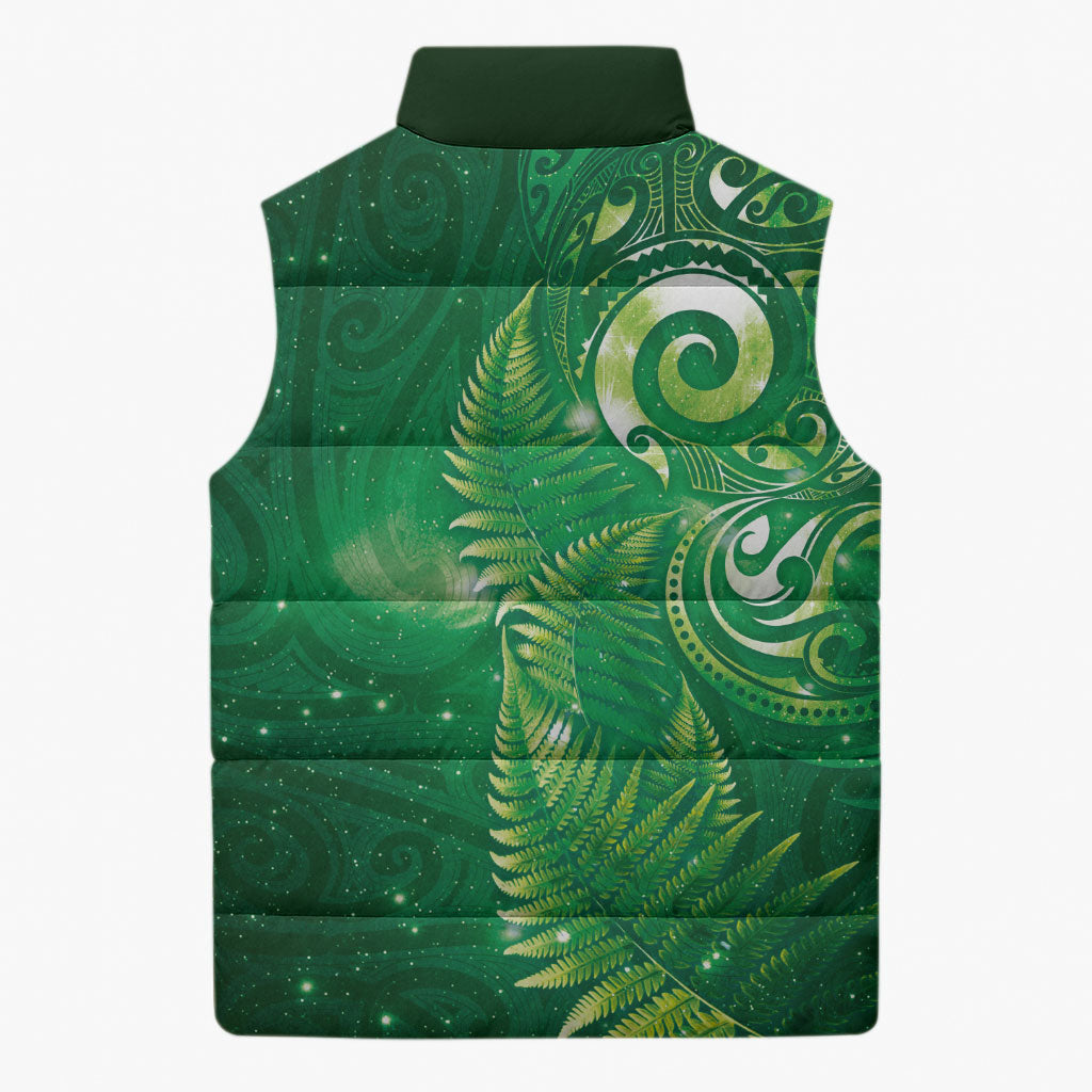 Aotearoa New Zealand New Year Sleeveless Puffer Jacket Tribal Koru Tattoo Green Galaxy Maori Silver Fern LT03 - Polynesian Pride