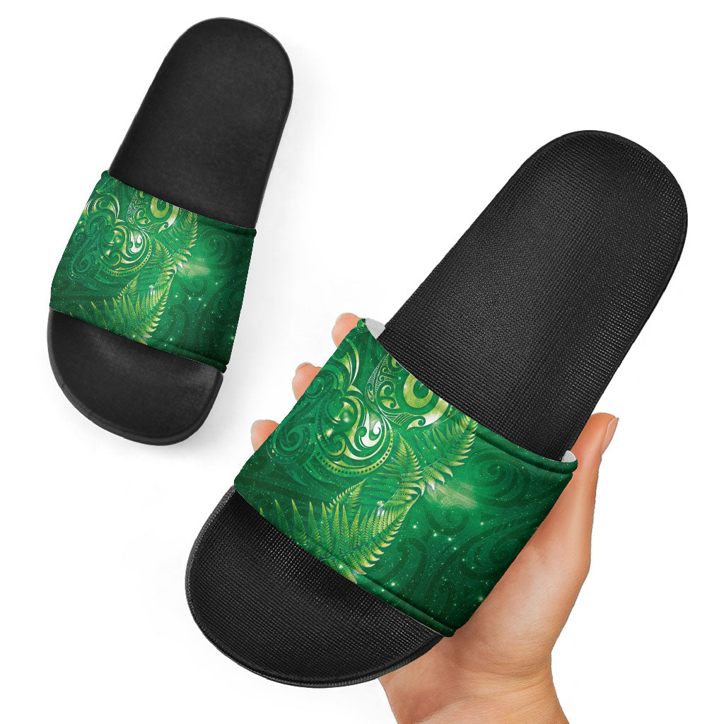 Aotearoa New Zealand New Year Slide Sandals Tribal Koru Tattoo Green Galaxy Maori Silver Fern LT03 - Polynesian Pride