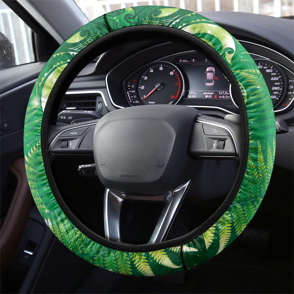 Aotearoa New Zealand New Year Steering Wheel Cover Tribal Koru Tattoo Green Galaxy Maori Silver Fern LT03 - Polynesian Pride