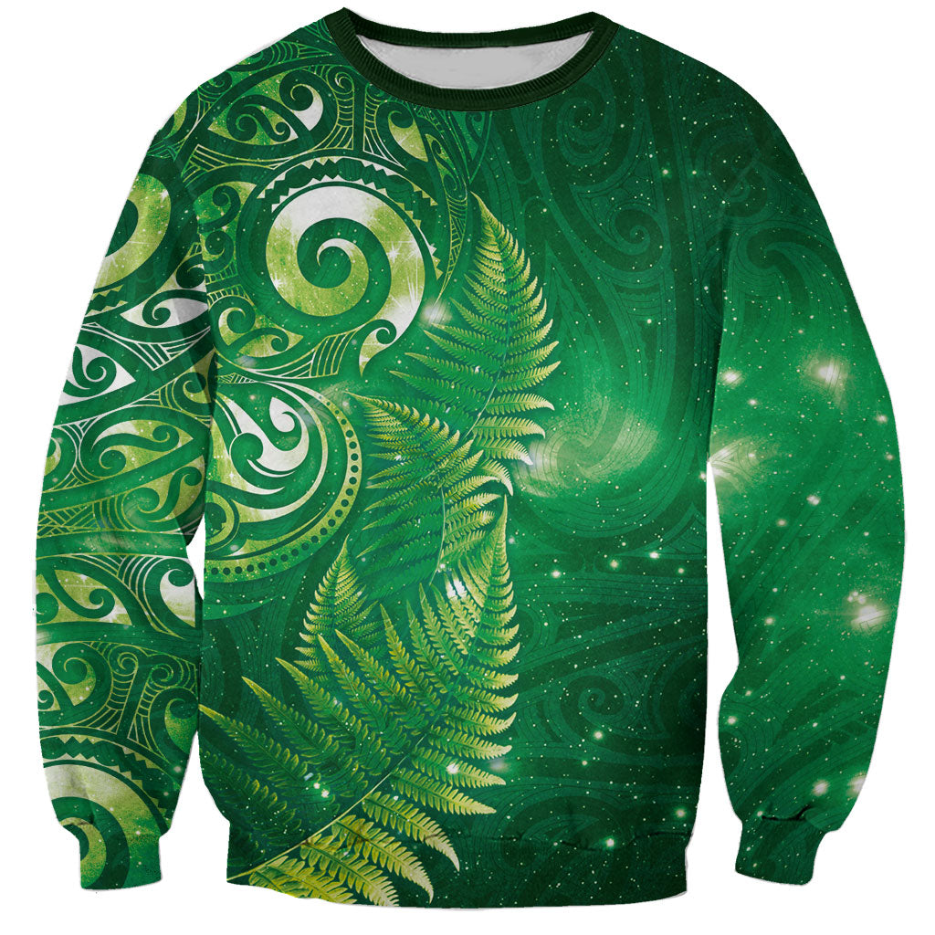 Aotearoa New Zealand New Year Sweatshirt Tribal Koru Tattoo Green Galaxy Maori Silver Fern