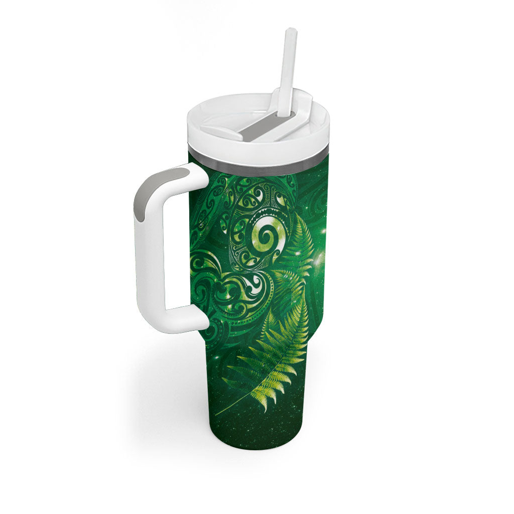 Aotearoa New Zealand New Year Tumbler With Handle Tribal Koru Tattoo Green Galaxy Maori Silver Fern LT03 - Polynesian Pride
