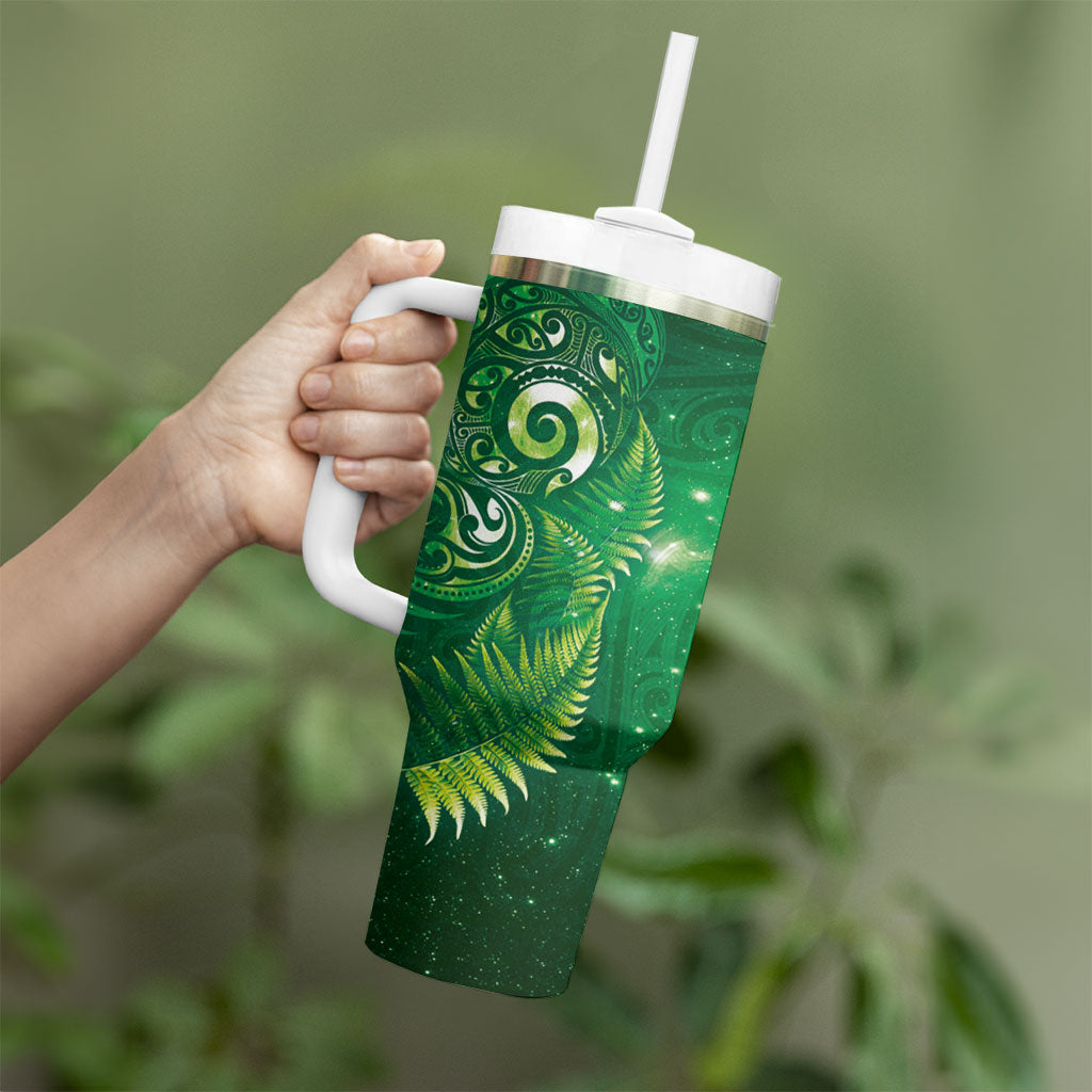 Aotearoa New Zealand New Year Tumbler With Handle Tribal Koru Tattoo Green Galaxy Maori Silver Fern LT03 - Polynesian Pride