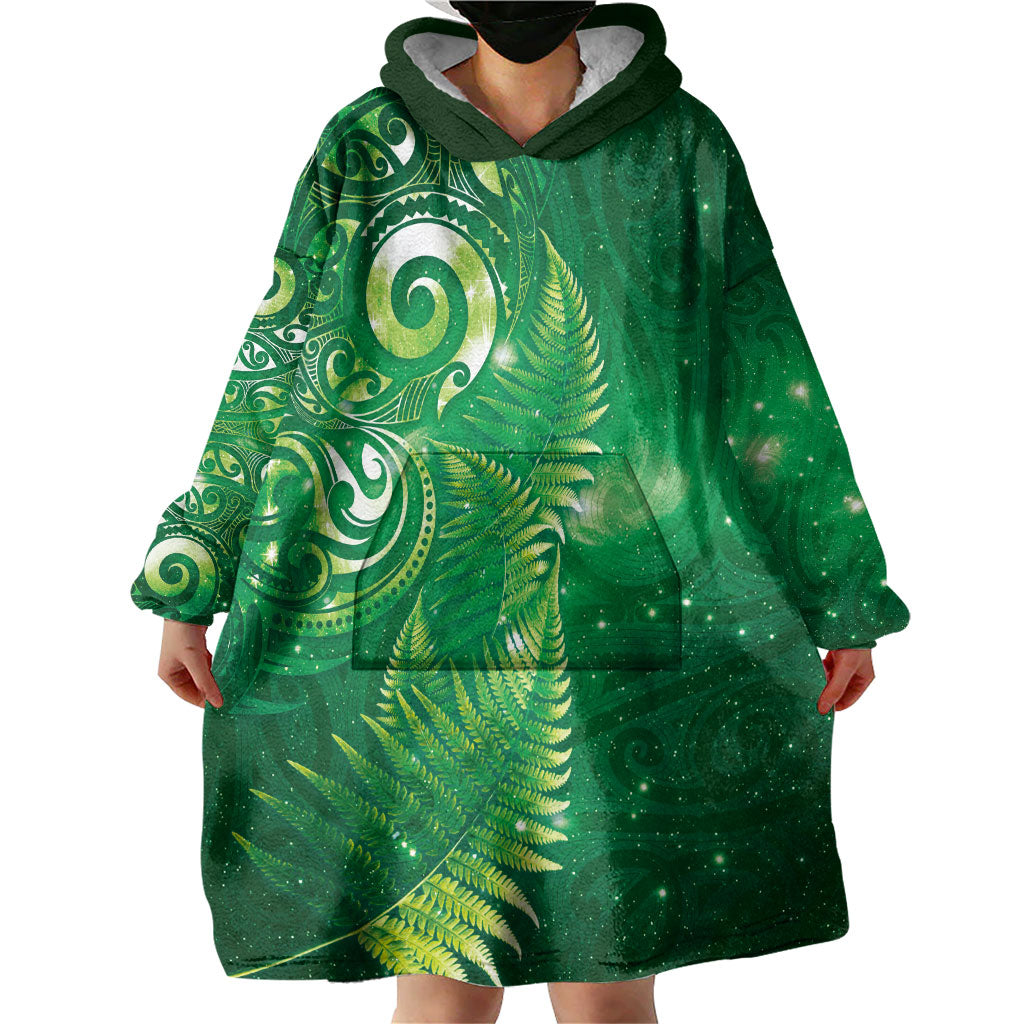 Aotearoa New Zealand New Year Wearable Blanket Hoodie Tribal Koru Tattoo Green Galaxy Maori Silver Fern LT03 - Polynesian Pride