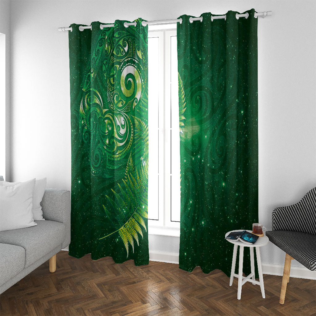 Aotearoa New Zealand New Year Window Curtain Tribal Koru Tattoo Green Galaxy Maori Silver Fern LT03 With Grommets Green - Polynesian Pride