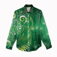 Aotearoa New Zealand New Year Women Casual Shirt Tribal Koru Tattoo Green Galaxy Maori Silver Fern LT03 - Polynesian Pride