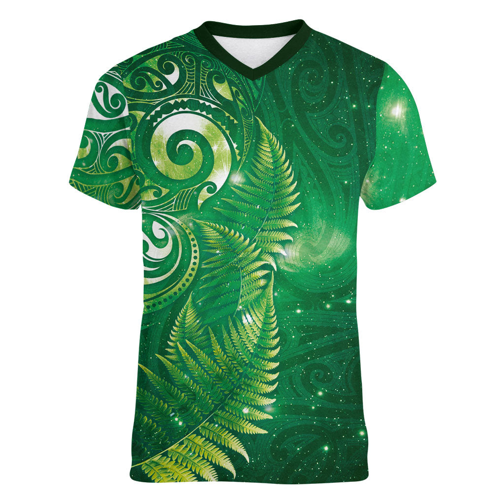 Aotearoa New Zealand New Year Women V-Neck T-Shirt Tribal Koru Tattoo Green Galaxy Maori Silver Fern LT03 Female Green - Polynesian Pride