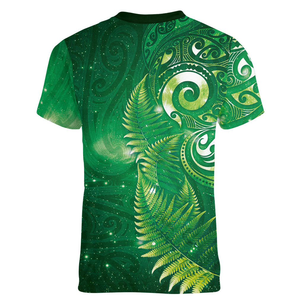 Aotearoa New Zealand New Year Women V-Neck T-Shirt Tribal Koru Tattoo Green Galaxy Maori Silver Fern LT03 - Polynesian Pride