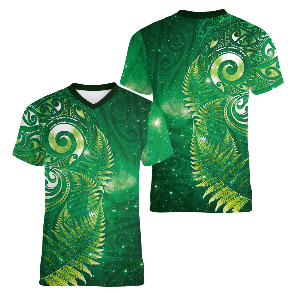 Aotearoa New Zealand New Year Women V-Neck T-Shirt Tribal Koru Tattoo Green Galaxy Maori Silver Fern LT03 - Polynesian Pride
