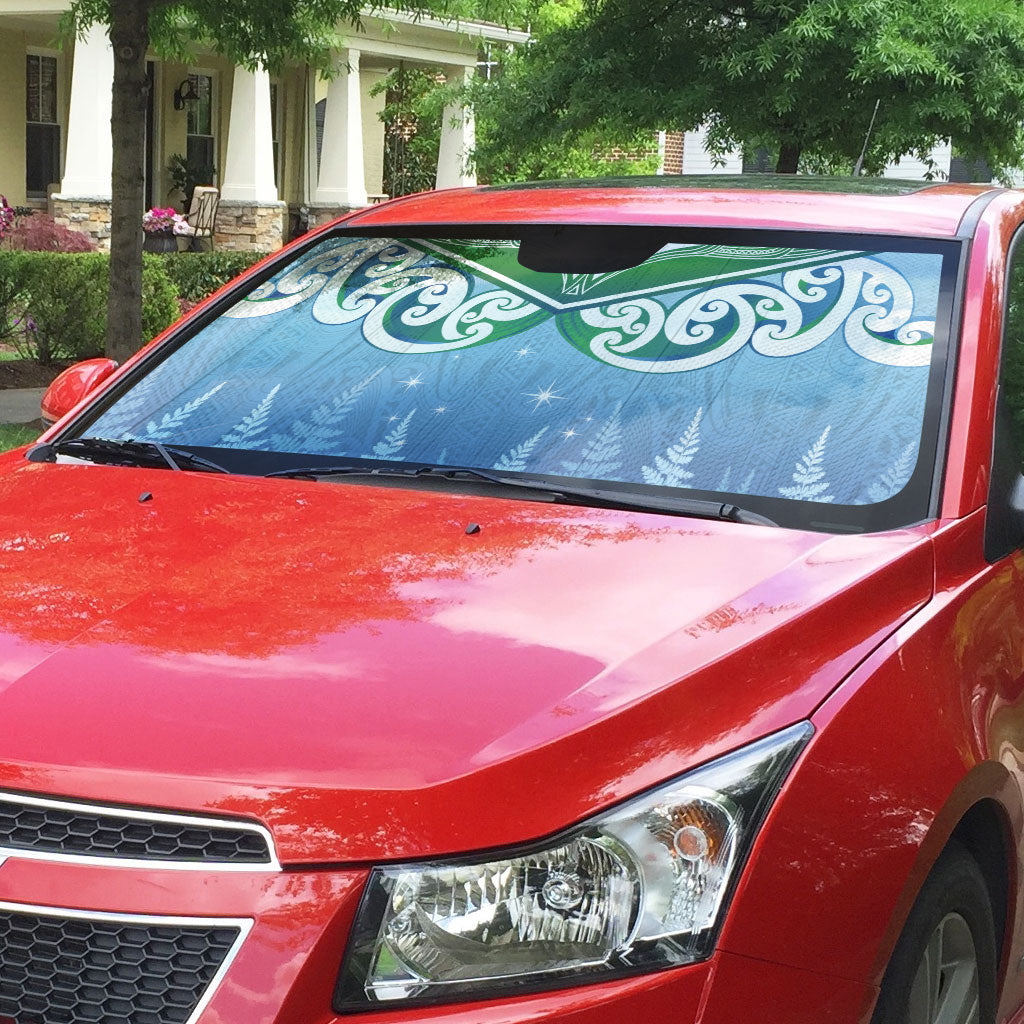 Aotearoa New Zealand New Year Auto Sun Shade Maori Motifs with Silver Fern and Matariki Stars LT03 - Polynesian Pride
