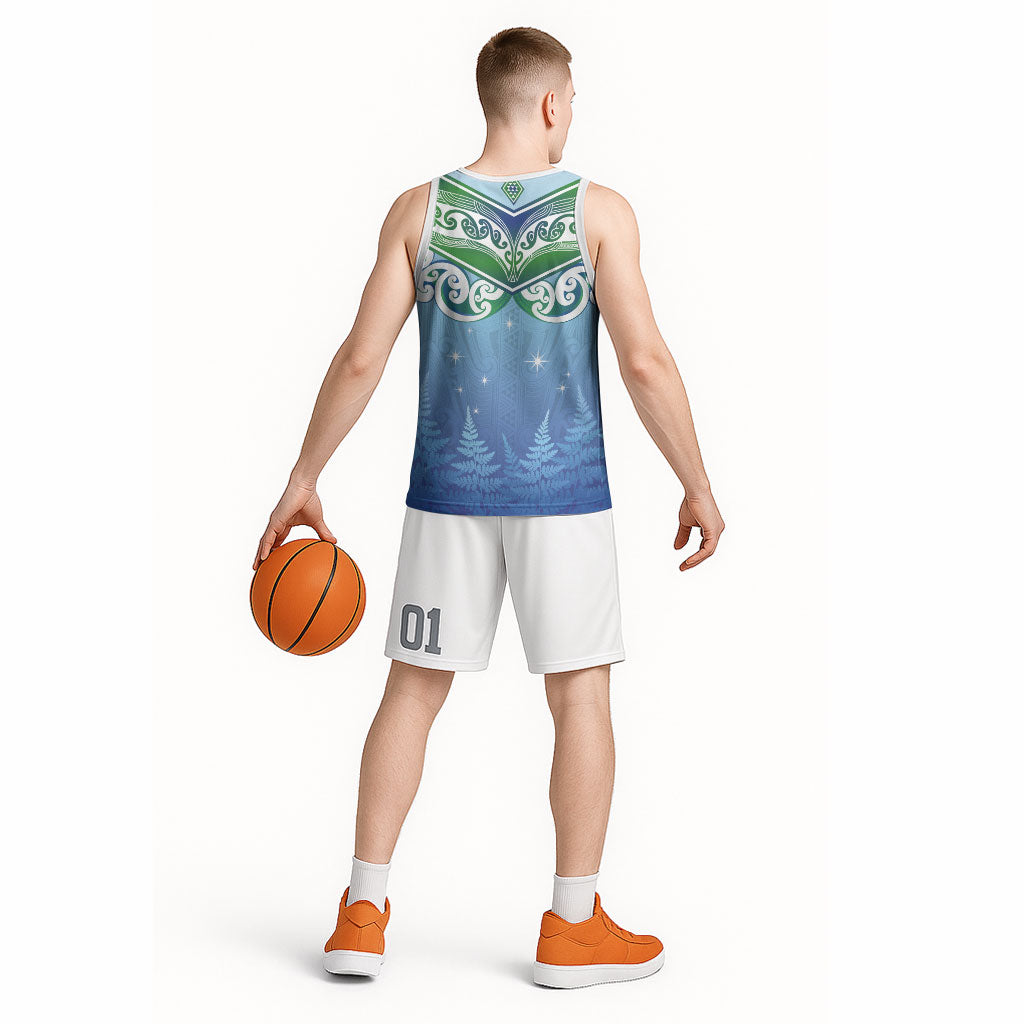 Aotearoa New Zealand New Year Basketball Jersey Maori Motifs with Silver Fern and Matariki Stars LT03 - Polynesian Pride