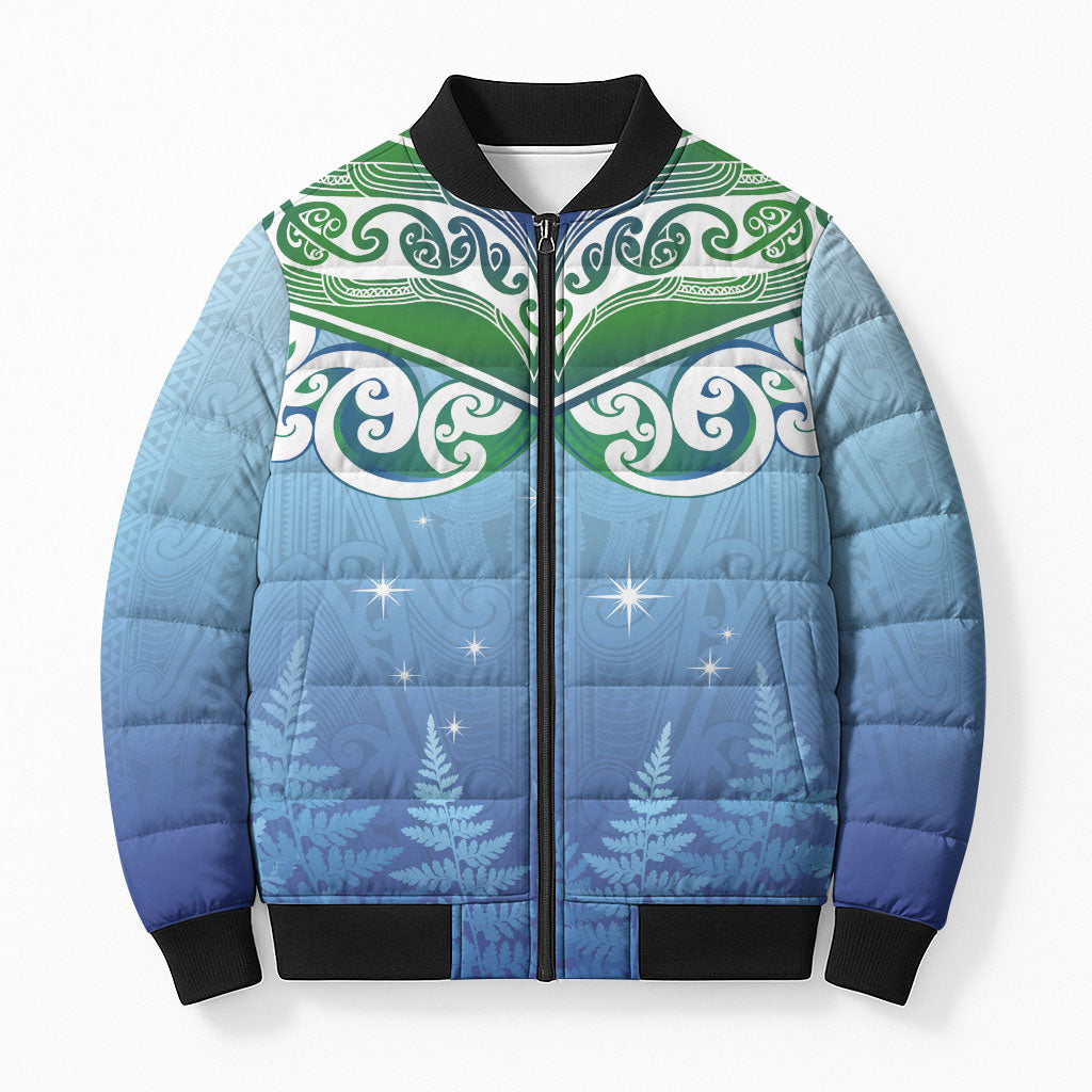 Aotearoa New Zealand New Year Bomber Puffer Jacket Maori Motifs with Silver Fern and Matariki Stars LT03 Unisex Multicolor - Polynesian Pride