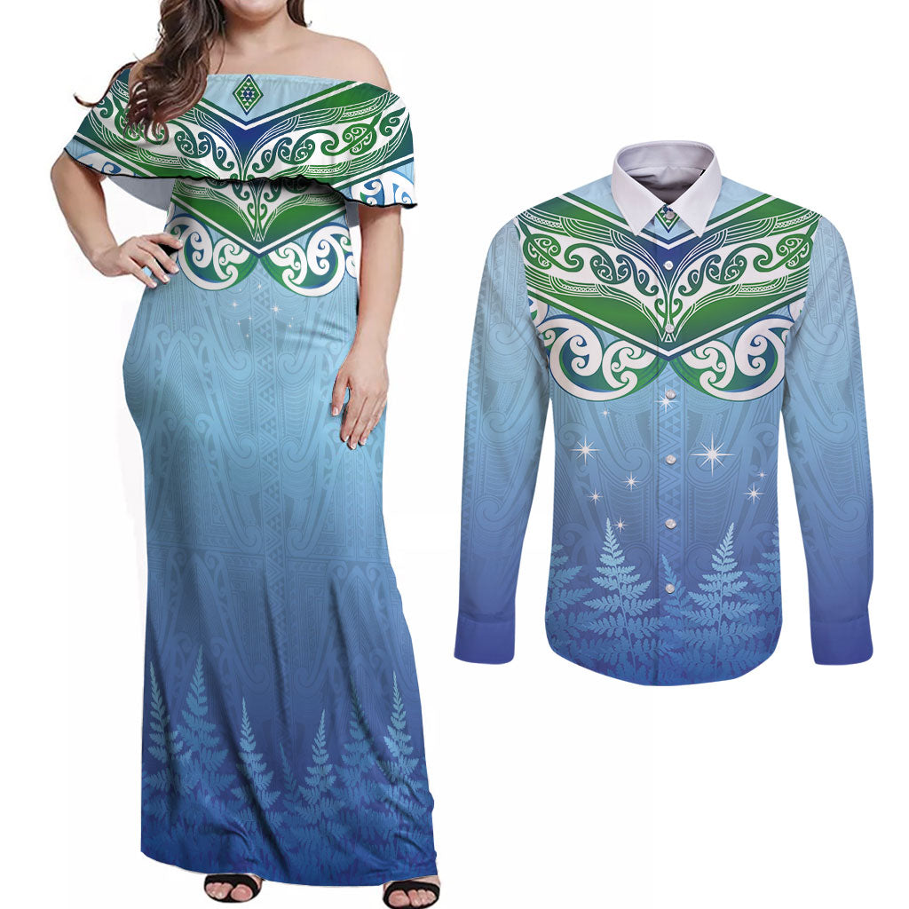 Aotearoa New Zealand New Year Couples Matching Off Shoulder Maxi Dress and Long Sleeve Button Shirt Maori Motifs with Silver Fern and Matariki Stars LT03 Multicolor - Polynesian Pride