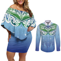 Aotearoa New Zealand New Year Couples Matching Off Shoulder Short Dress and Long Sleeve Button Shirt Maori Motifs with Silver Fern and Matariki Stars LT03 Multicolor - Polynesian Pride