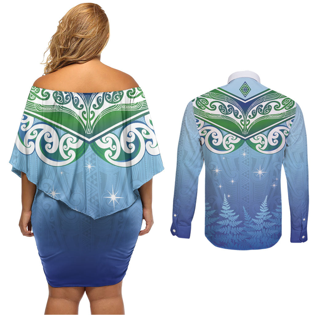 Aotearoa New Zealand New Year Couples Matching Off Shoulder Short Dress and Long Sleeve Button Shirt Maori Motifs with Silver Fern and Matariki Stars LT03 - Polynesian Pride