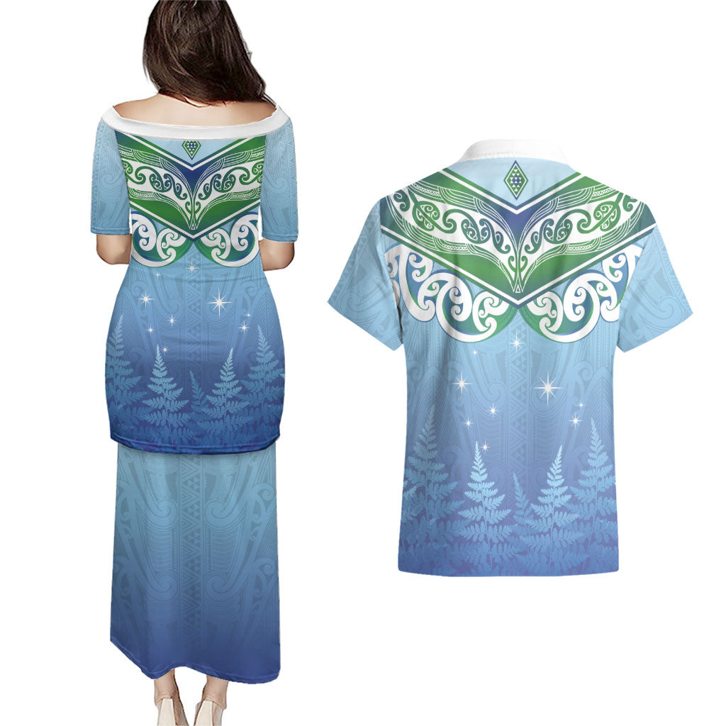 Aotearoa New Zealand New Year Couples Matching Puletasi and Hawaiian Shirt Maori Motifs with Silver Fern and Matariki Stars LT03 - Polynesian Pride