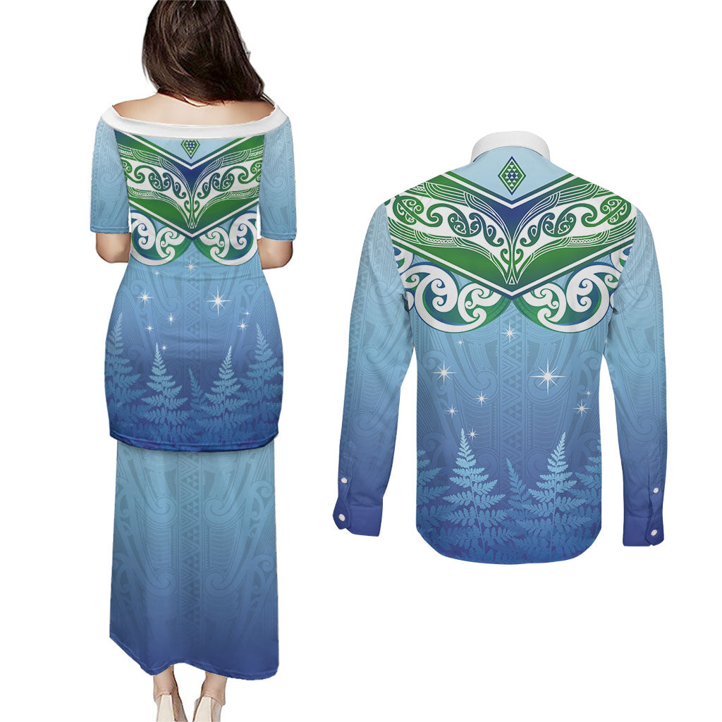 Aotearoa New Zealand New Year Couples Matching Puletasi and Long Sleeve Button Shirt Maori Motifs with Silver Fern and Matariki Stars LT03 - Polynesian Pride
