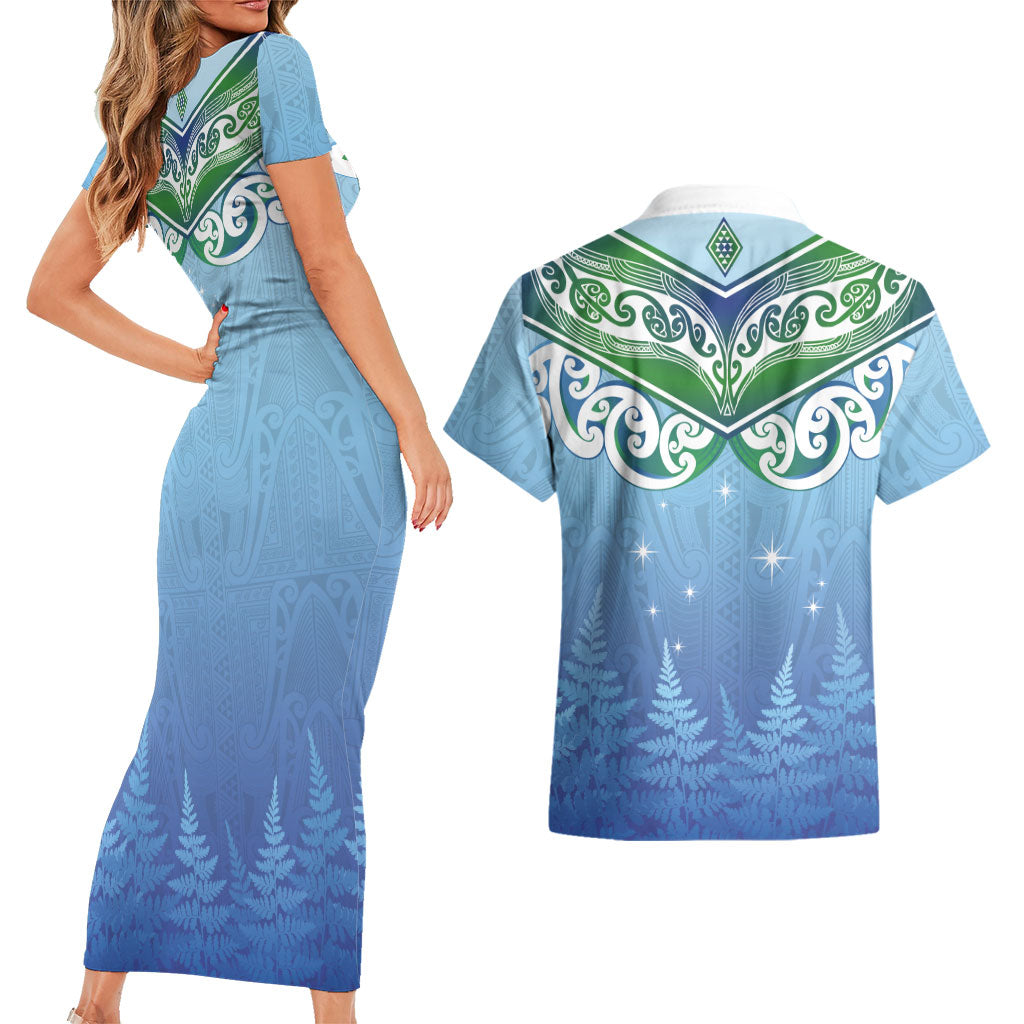 Aotearoa New Zealand New Year Couples Matching Short Sleeve Bodycon Dress and Hawaiian Shirt Maori Motifs with Silver Fern and Matariki Stars LT03 - Polynesian Pride