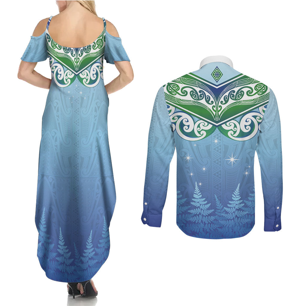 Aotearoa New Zealand New Year Couples Matching Summer Maxi Dress and Long Sleeve Button Shirt Maori Motifs with Silver Fern and Matariki Stars LT03 - Polynesian Pride