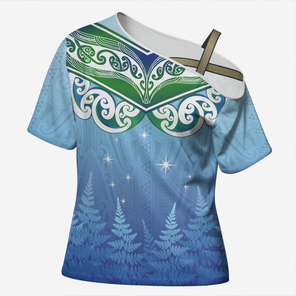 Aotearoa New Zealand New Year Cross Shoulder Shirt Maori Motifs with Silver Fern and Matariki Stars
