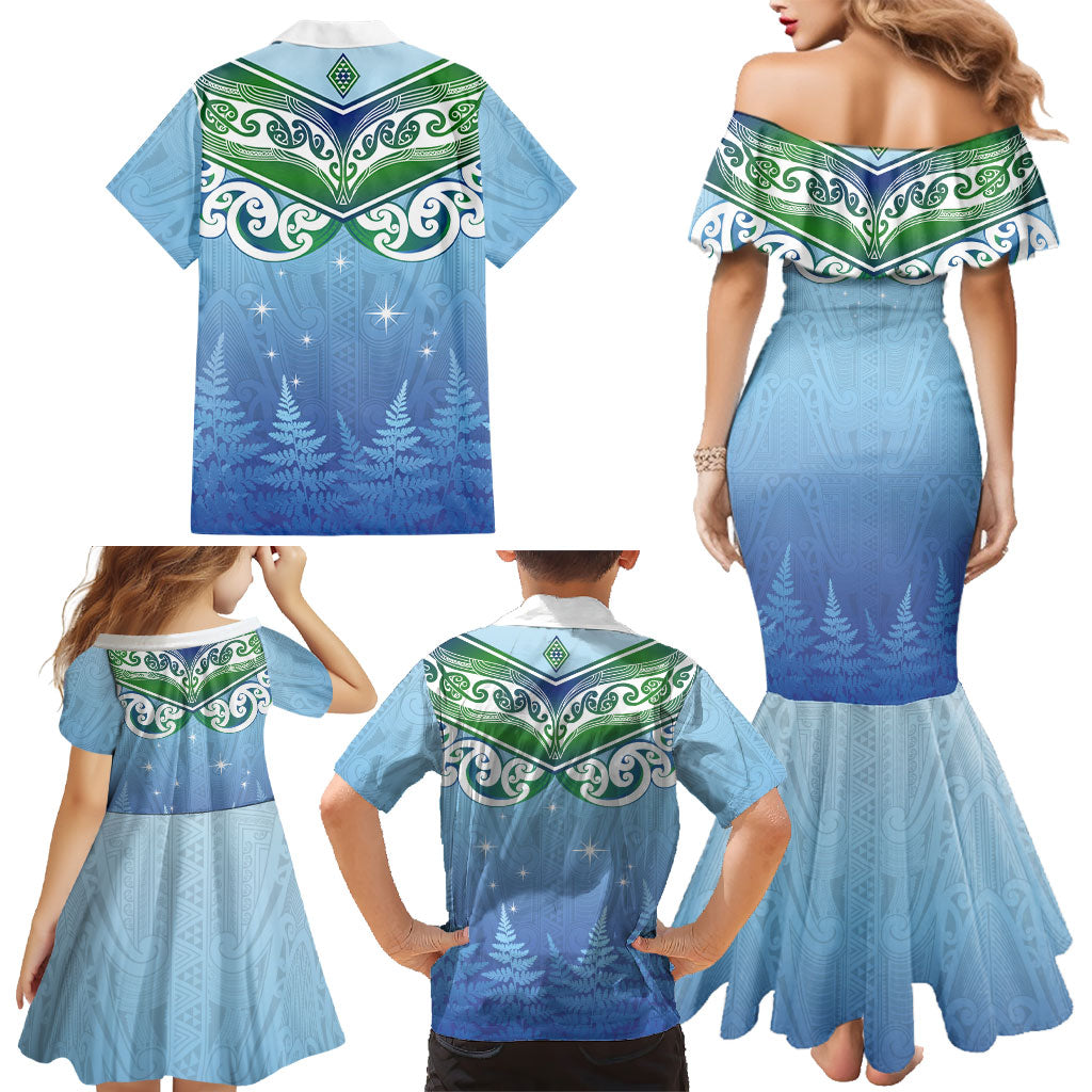 Aotearoa New Zealand New Year Family Matching Mermaid Dress and Hawaiian Shirt Maori Motifs with Silver Fern and Matariki Stars LT03 - Polynesian Pride