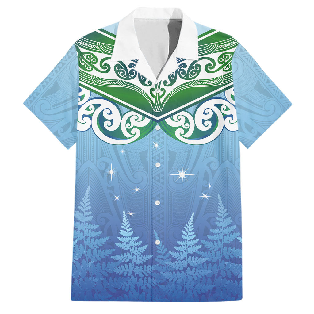 Aotearoa New Zealand New Year Family Matching Off The Shoulder Long Sleeve Dress and Hawaiian Shirt Maori Motifs with Silver Fern and Matariki Stars LT03 Dad's Shirt - Short Sleeve Multicolor - Polynesian Pride