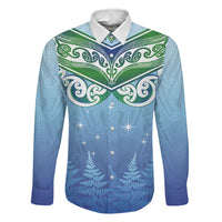 Aotearoa New Zealand New Year Family Matching Off Shoulder Maxi Dress and Hawaiian Shirt Maori Motifs with Silver Fern and Matariki Stars LT03 Dad's Shirt - Long Sleeve Multicolor - Polynesian Pride