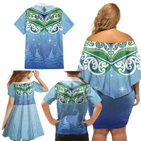 Aotearoa New Zealand New Year Family Matching Off Shoulder Short Dress and Hawaiian Shirt Maori Motifs with Silver Fern and Matariki Stars LT03 - Polynesian Pride