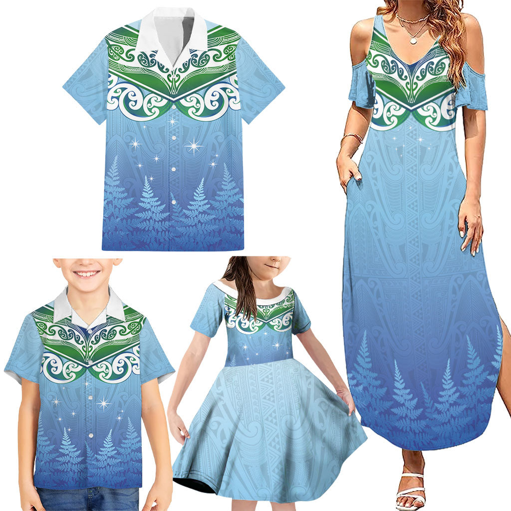 Aotearoa New Zealand New Year Family Matching Summer Maxi Dress and Hawaiian Shirt Maori Motifs with Silver Fern and Matariki Stars