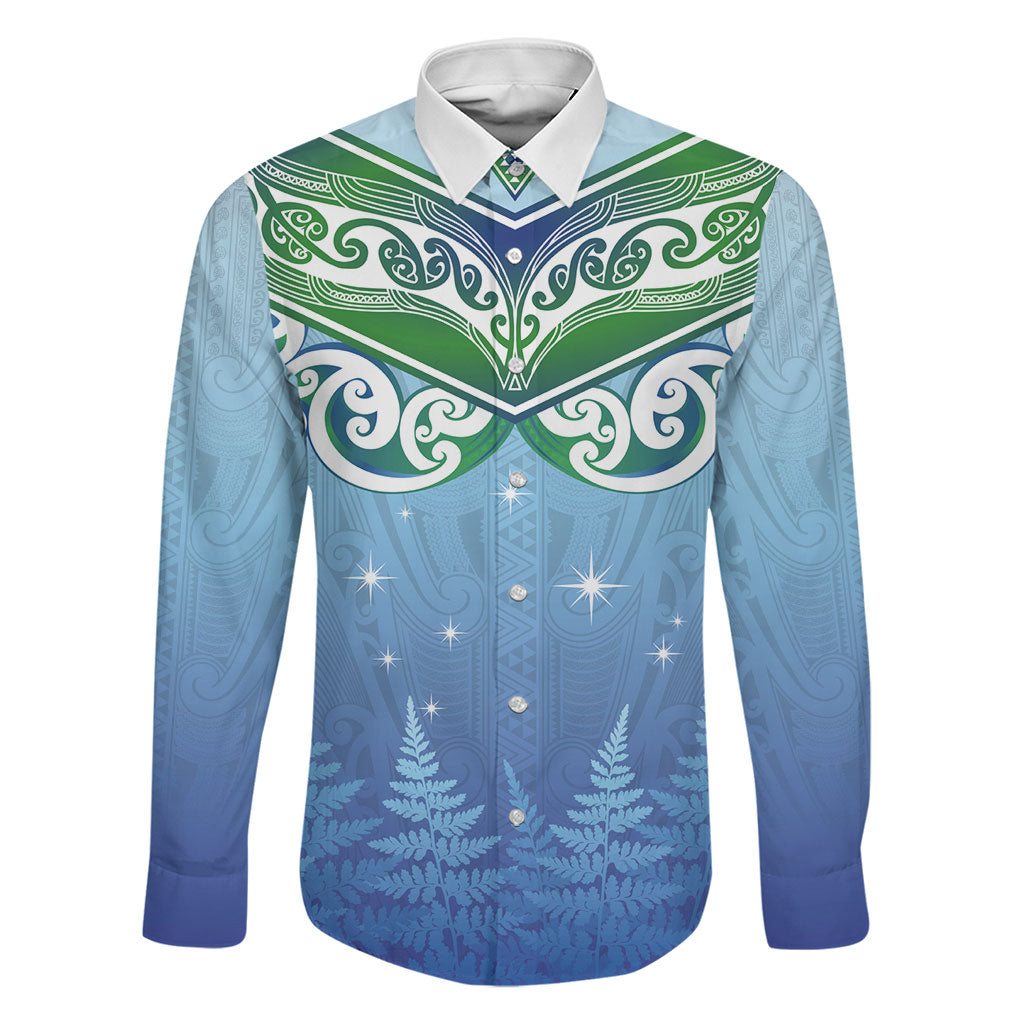 Aotearoa New Zealand New Year Family Matching Tank Maxi Dress and Hawaiian Shirt Maori Motifs with Silver Fern and Matariki Stars LT03 Dad's Shirt - Long Sleeve Multicolor - Polynesian Pride