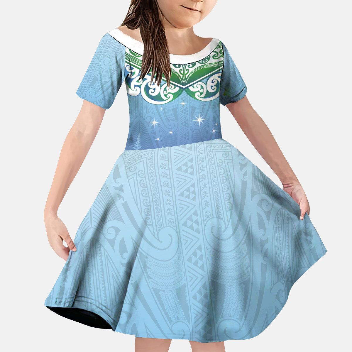 Aotearoa New Zealand New Year Kid Short Sleeve Dress Maori Motifs with Silver Fern and Matariki Stars
