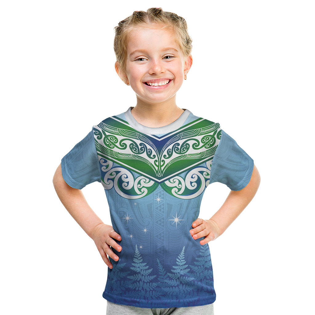 Aotearoa New Zealand New Year Kid T Shirt Maori Motifs with Silver Fern and Matariki Stars