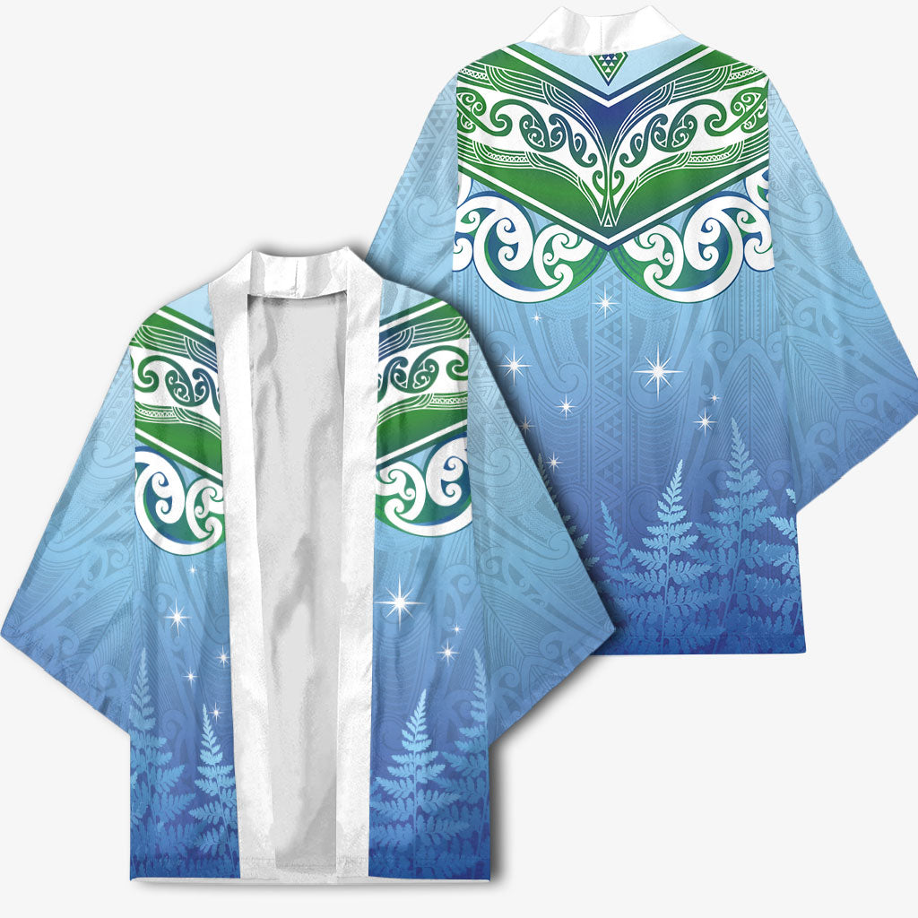 Aotearoa New Zealand New Year Kimono Maori Motifs with Silver Fern and Matariki Stars LT03 - Polynesian Pride