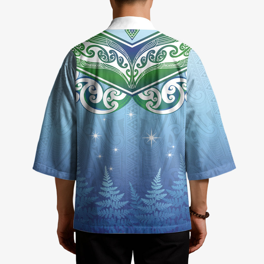 Aotearoa New Zealand New Year Kimono Maori Motifs with Silver Fern and Matariki Stars LT03 - Polynesian Pride