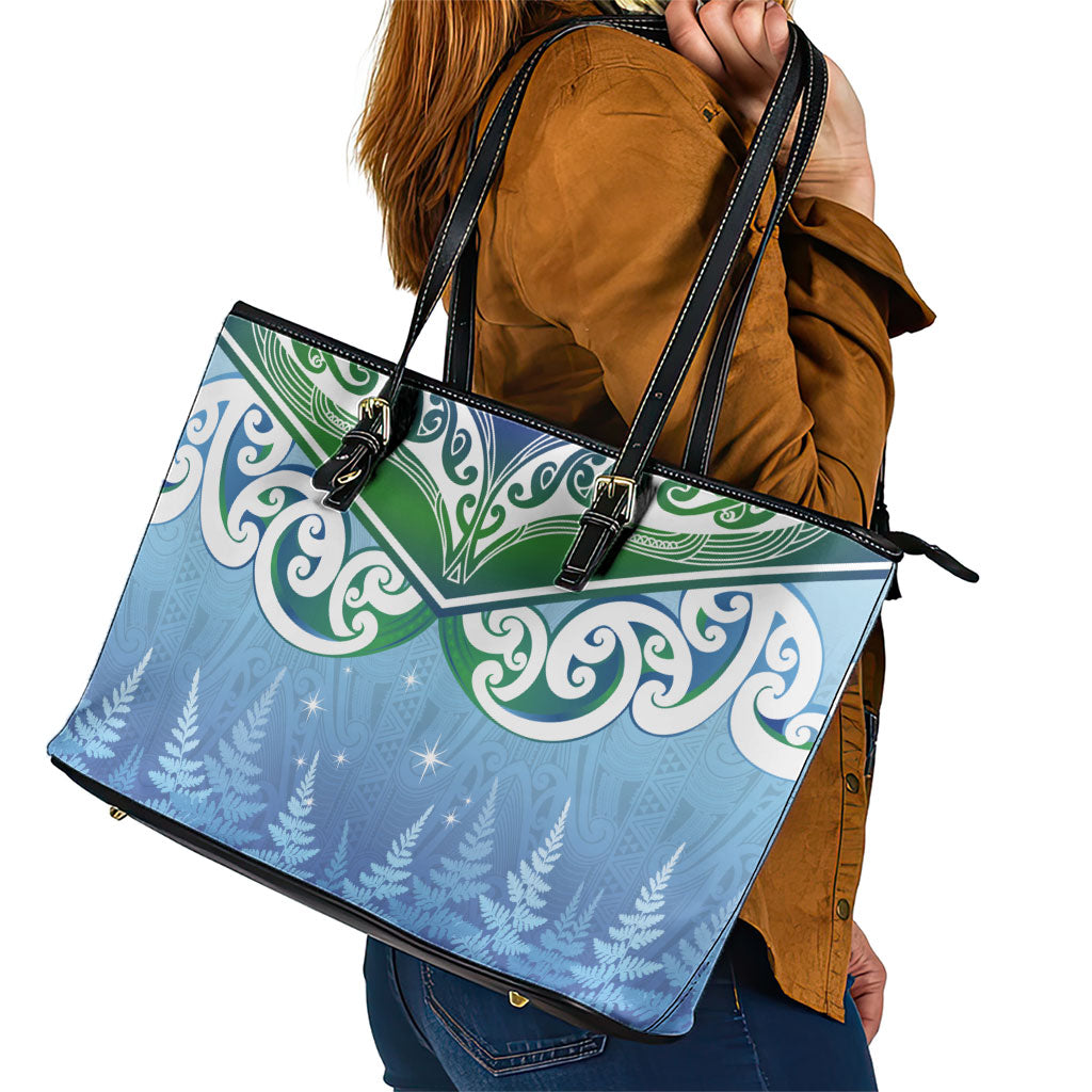 Aotearoa New Zealand New Year Leather Tote Bag Maori Motifs with Silver Fern and Matariki Stars LT03 - Polynesian Pride