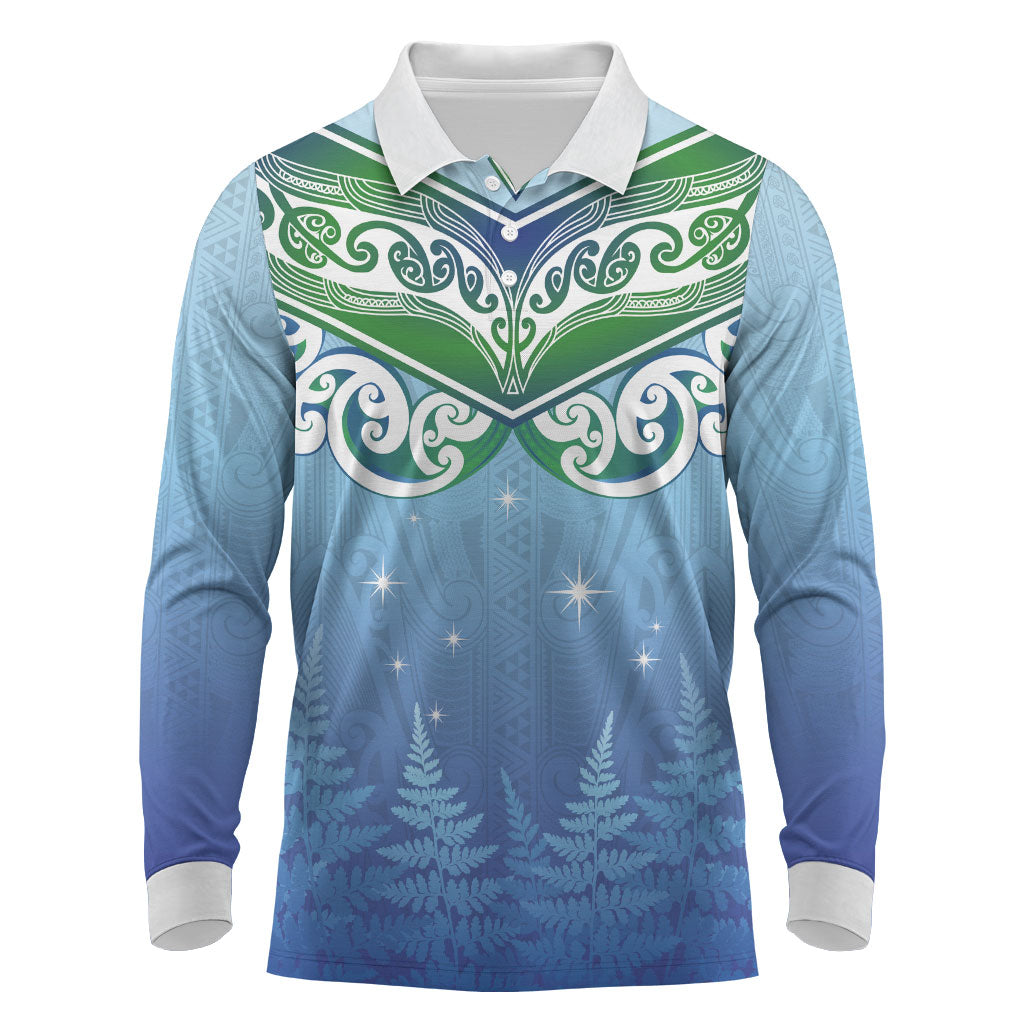 Aotearoa New Zealand New Year Long Sleeve Polo Shirt Maori Motifs with Silver Fern and Matariki Stars LT03 Multicolor - Polynesian Pride