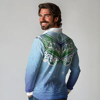 Aotearoa New Zealand New Year Long Sleeve Polo Shirt Maori Motifs with Silver Fern and Matariki Stars LT03 - Polynesian Pride