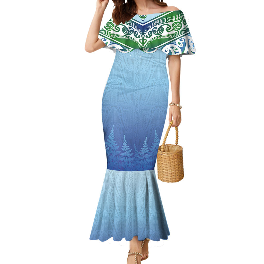 Aotearoa New Zealand New Year Mermaid Dress Maori Motifs with Silver Fern and Matariki Stars