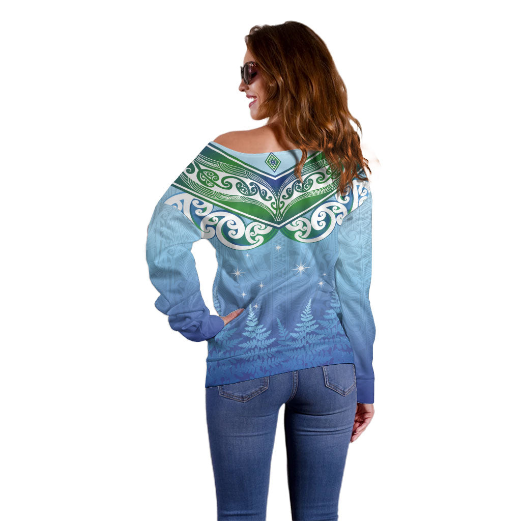Aotearoa New Zealand New Year Off Shoulder Sweater Maori Motifs with Silver Fern and Matariki Stars LT03 - Polynesian Pride