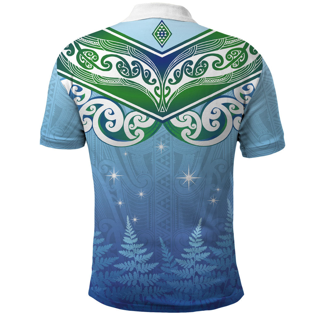 Aotearoa New Zealand New Year Polo Shirt Maori Motifs with Silver Fern and Matariki Stars LT03 - Polynesian Pride
