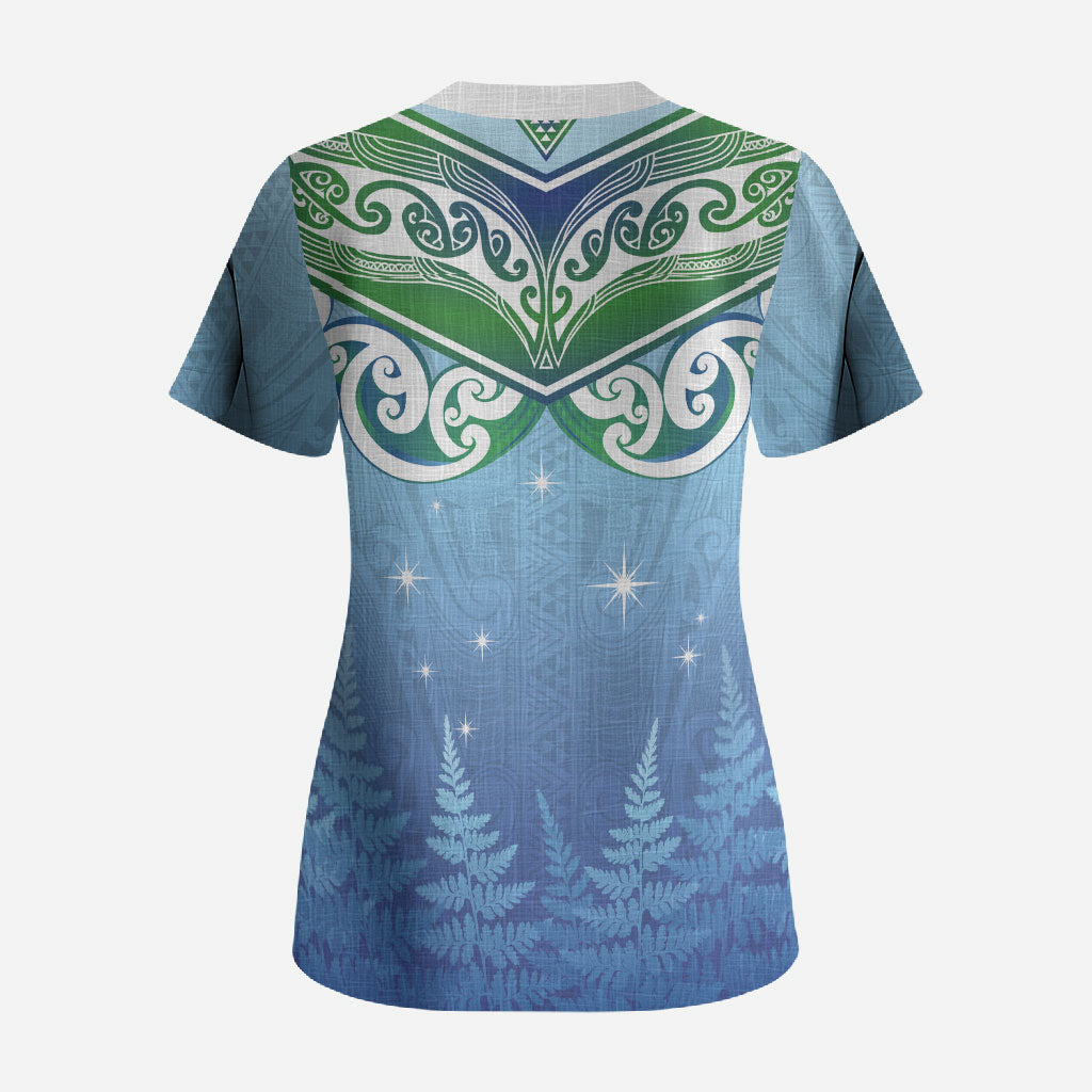 Aotearoa New Zealand New Year Scrub Top Maori Motifs with Silver Fern and Matariki Stars LT03 - Polynesian Pride