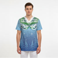 Aotearoa New Zealand New Year Scrub Top Maori Motifs with Silver Fern and Matariki Stars LT03 - Polynesian Pride