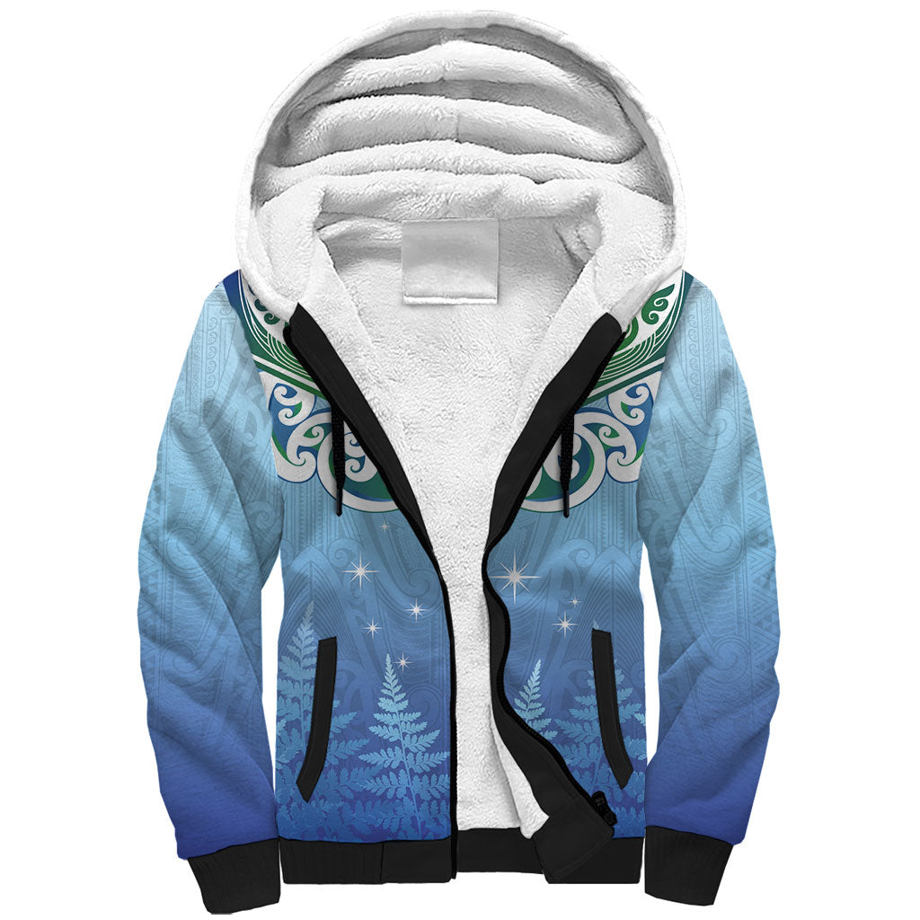Aotearoa New Zealand New Year Sherpa Hoodie Maori Motifs with Silver Fern and Matariki Stars LT03 Unisex Multicolor - Polynesian Pride