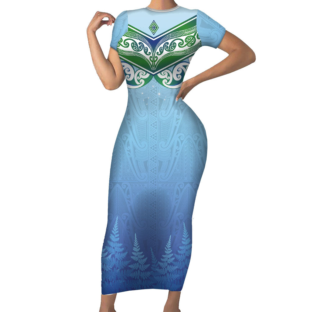Aotearoa New Zealand New Year Short Sleeve Bodycon Dress Maori Motifs with Silver Fern and Matariki Stars