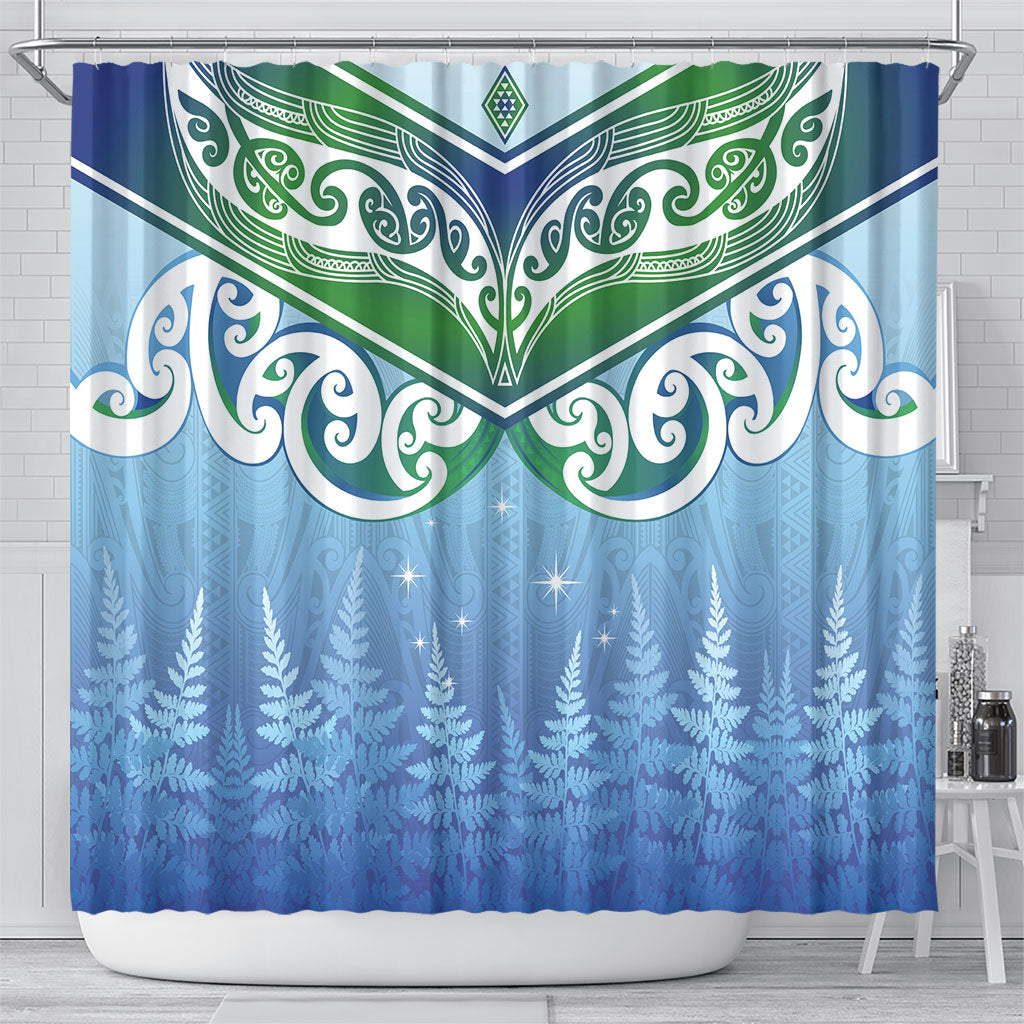 Aotearoa New Zealand New Year Shower Curtain Maori Motifs with Silver Fern and Matariki Stars LT03 - Polynesian Pride