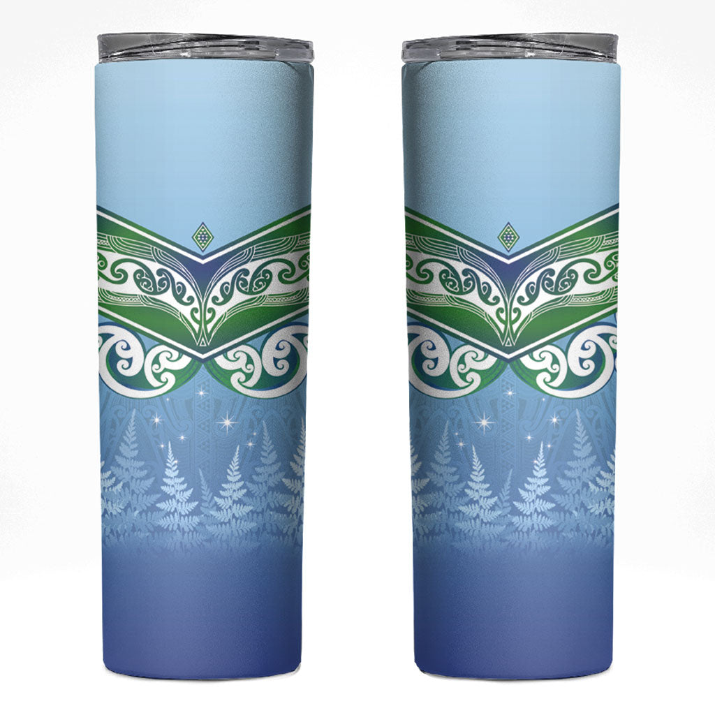 Aotearoa New Zealand New Year Skinny Tumbler Maori Motifs with Silver Fern and Matariki Stars