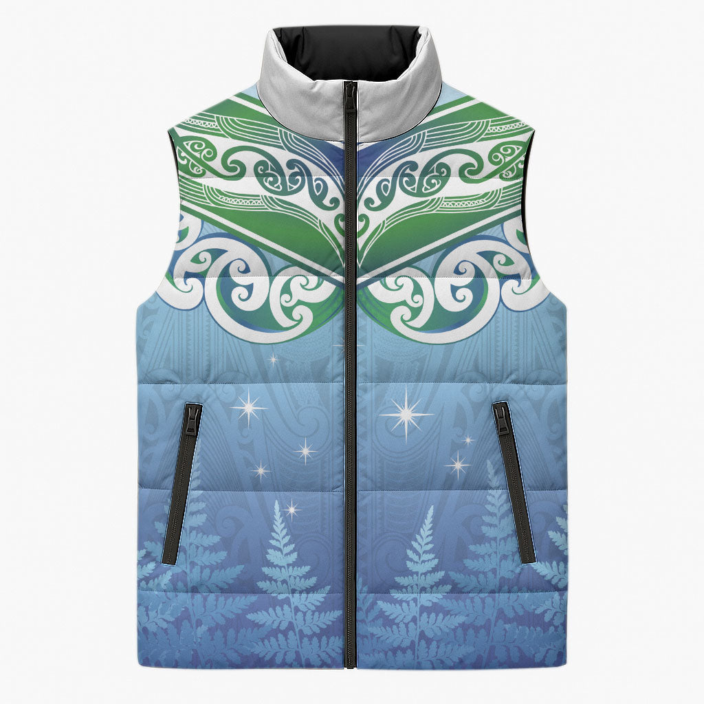 Aotearoa New Zealand New Year Sleeveless Puffer Jacket Maori Motifs with Silver Fern and Matariki Stars