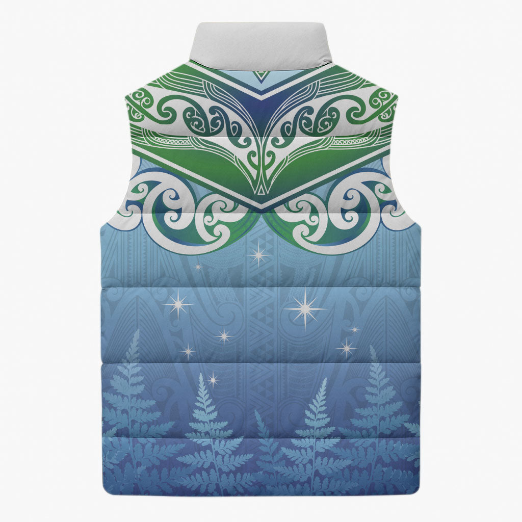 Aotearoa New Zealand New Year Sleeveless Puffer Jacket Maori Motifs with Silver Fern and Matariki Stars LT03 - Polynesian Pride